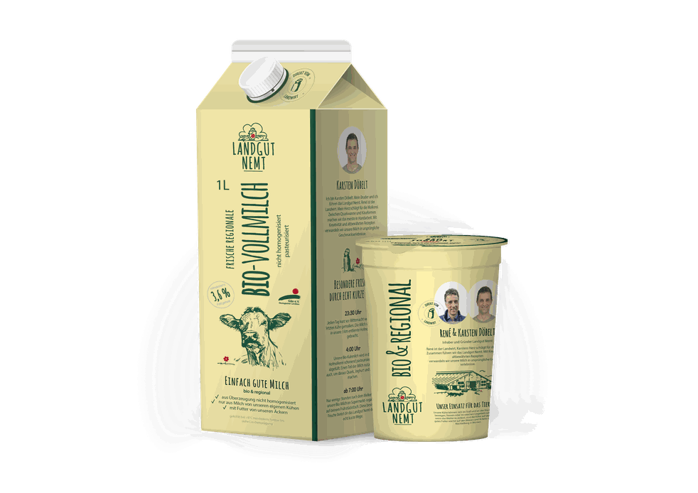unsere regionale Bio-Vollmilch, 1 Liter und 3,6% Fett, und unser 500g Becher Bio-Jogurt Natur